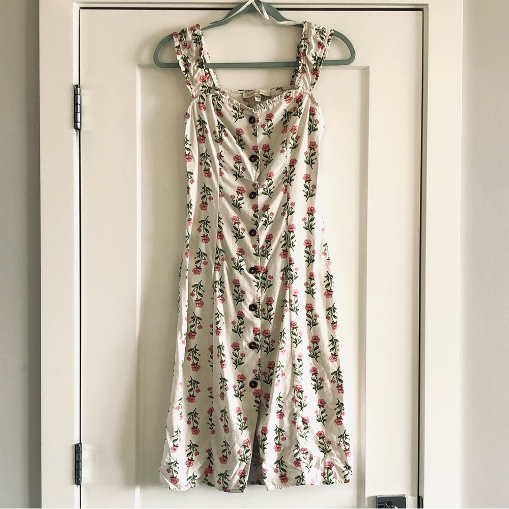 Monteau Whimsical Cream Floral Midi Dress XS Cottagecore Summer Feminine